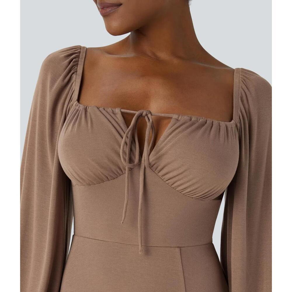 NWT Halara Square Neck Tie Front Flounce Long Sleeve Hem Midi Dress Beaver Fur M - Picture 7 of 11